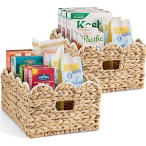 imageBest Choice Products 16x12 Scalloped Shelf Baskets Woven Storage Bins Pantry Organizer for Kitchen Living Room Bathroom Bedroom amp Laundry 2 Pack  Natural with White TrimNatural with White Trim