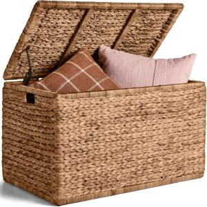 imageBest Choice Products 30 Storage Trunk wLid amp Handles Wicker Storage Toy Chest Rattan Storage Bench Wedding Trunk Assembled for Living Room Bedroom amp Kids Room  NaturalChestnut