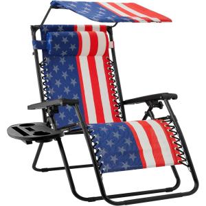 imageBest Choice Products 30 Wide Folding Zero Gravity Outdoor Recliner Patio Lounge Chair wAdjustable Canopy Shade Headrest Side Accessory Tray  MarineAmerican Flag