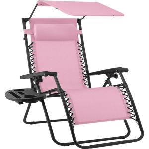 imageBest Choice Products 30 Wide Folding Zero Gravity Outdoor Recliner Patio Lounge Chair wAdjustable Canopy Shade Headrest Side Accessory Tray  MarineBubblegum Pink