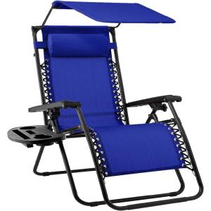 imageBest Choice Products 30 Wide Folding Zero Gravity Outdoor Recliner Patio Lounge Chair wAdjustable Canopy Shade Headrest Side Accessory Tray  MarineCobalt Blue