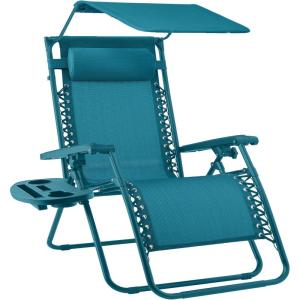 imageBest Choice Products 30 Wide Folding Zero Gravity Outdoor Recliner Patio Lounge Chair wAdjustable Canopy Shade Headrest Side Accessory Tray  MarinePeacock