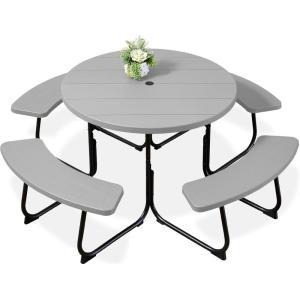 imageBest Choice Products 8Person Outdoor Bench Patio Picnic Table Circular w 4 Builtin Benches and Umbrella Hole 2000lb Capacity  BlackLight Gray
