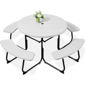 imageBest Choice Products 8Person Outdoor Bench Patio Picnic Table Circular w 4 Builtin Benches and Umbrella Hole 2000lb Capacity  BlackWhite
