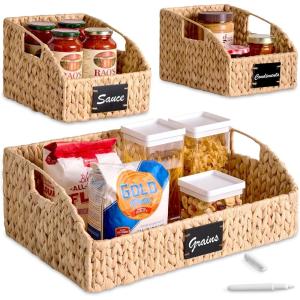 imageBest Choice Products Natural Hyacinth Angled Pantry Storage Baskets Large Woven Wicker Storage Bins wHandles Storage Container Baskets for Shelves Chalkboard Label amp Marker Set of 3  ChestnutNatural