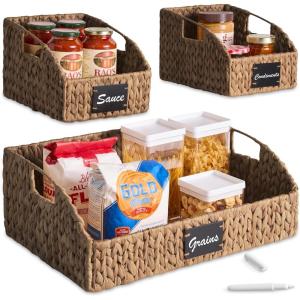 imageBest Choice Products Natural Hyacinth Angled Pantry Storage Baskets Large Woven Wicker Storage Bins wHandles Storage Container Baskets for Shelves Chalkboard Label amp Marker Set of 3  ChestnutChestnut