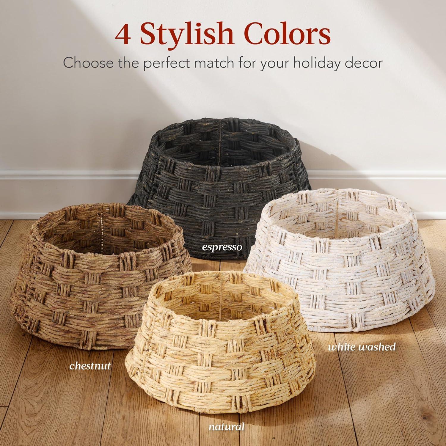 imageBest Choice Products 24in Christmas Tree Collar Woven Hyacinth 3Piece Holiday Rattan Tree Skirt Accessory for Home wCord CutOut  Transparent WhiteNatural  Basket Weave