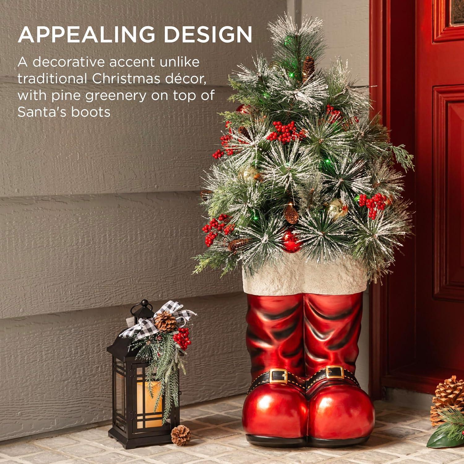 imageBest Choice Products 40in Santa Boots with PreDecorated Christmas Tree Greenery Decoration for Home amp Office HandPainted Frosted Tips BatteryOperated Lights