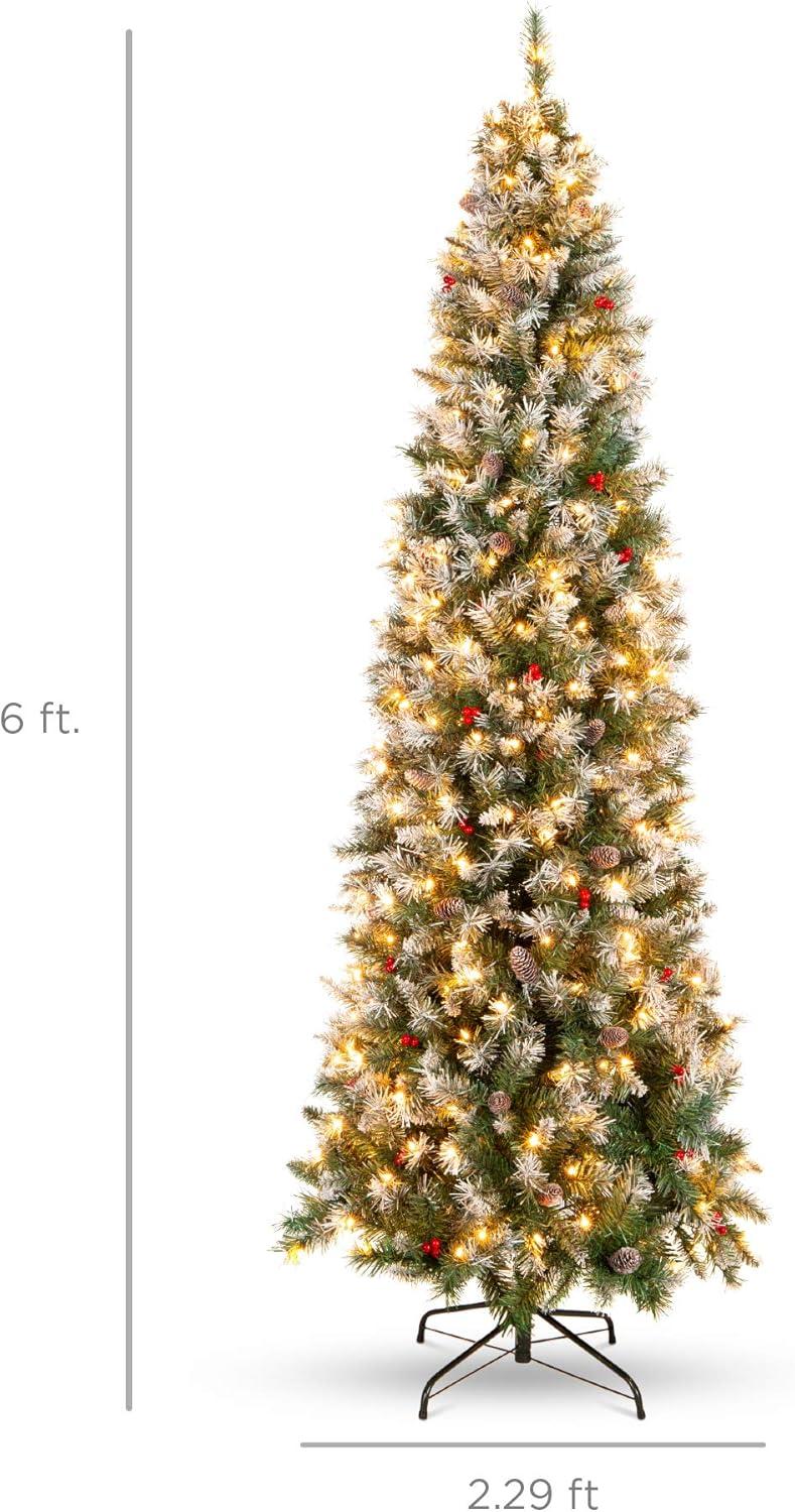 imageBest Choice Products 9ft PreLit Pencil Christmas Tree Partially Flocked PreDecorated for Home Skinny Frosted Holiday Tree w 1298 Tips 460 Lights Pine Cones Metal Hinges amp Base6ft