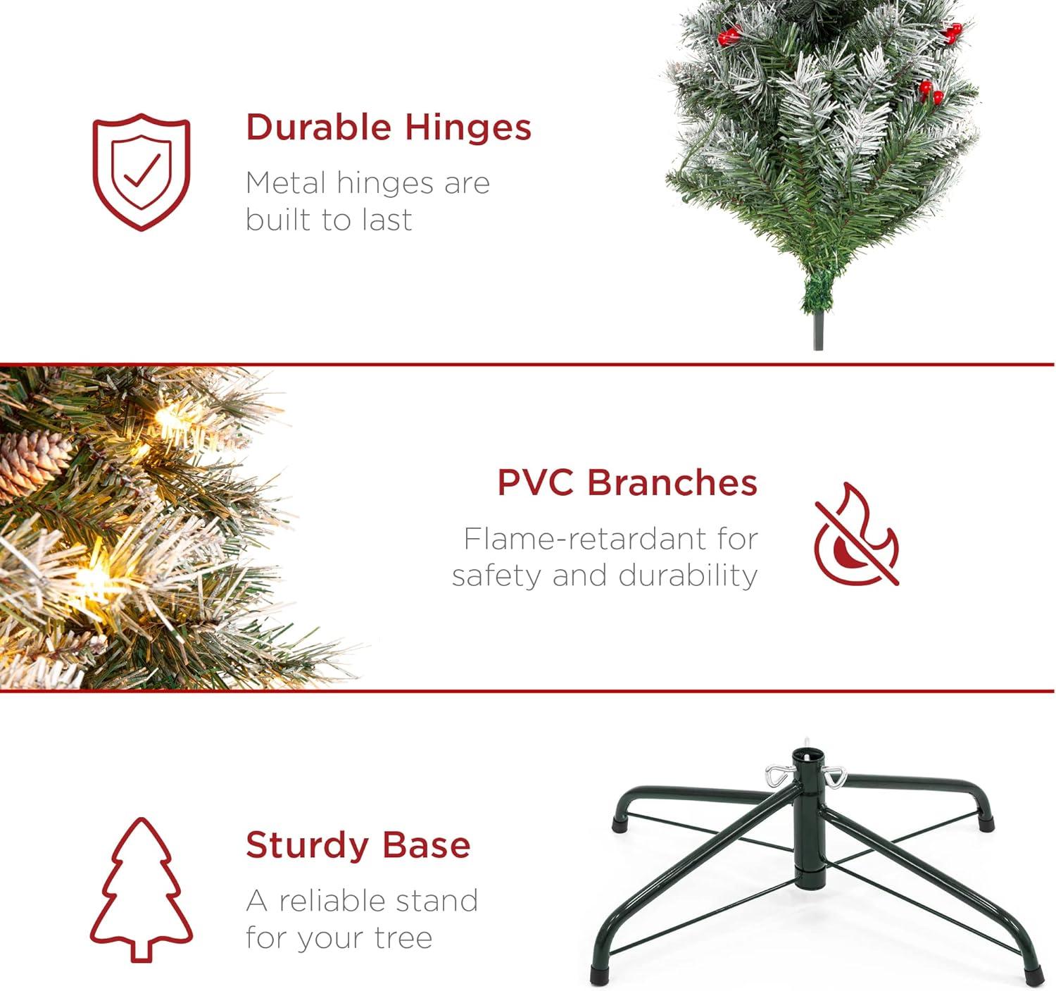 imageBest Choice Products 9ft PreLit Pencil Christmas Tree Partially Flocked PreDecorated for Home Skinny Frosted Holiday Tree w 1298 Tips 460 Lights Pine Cones Metal Hinges amp Base9ft