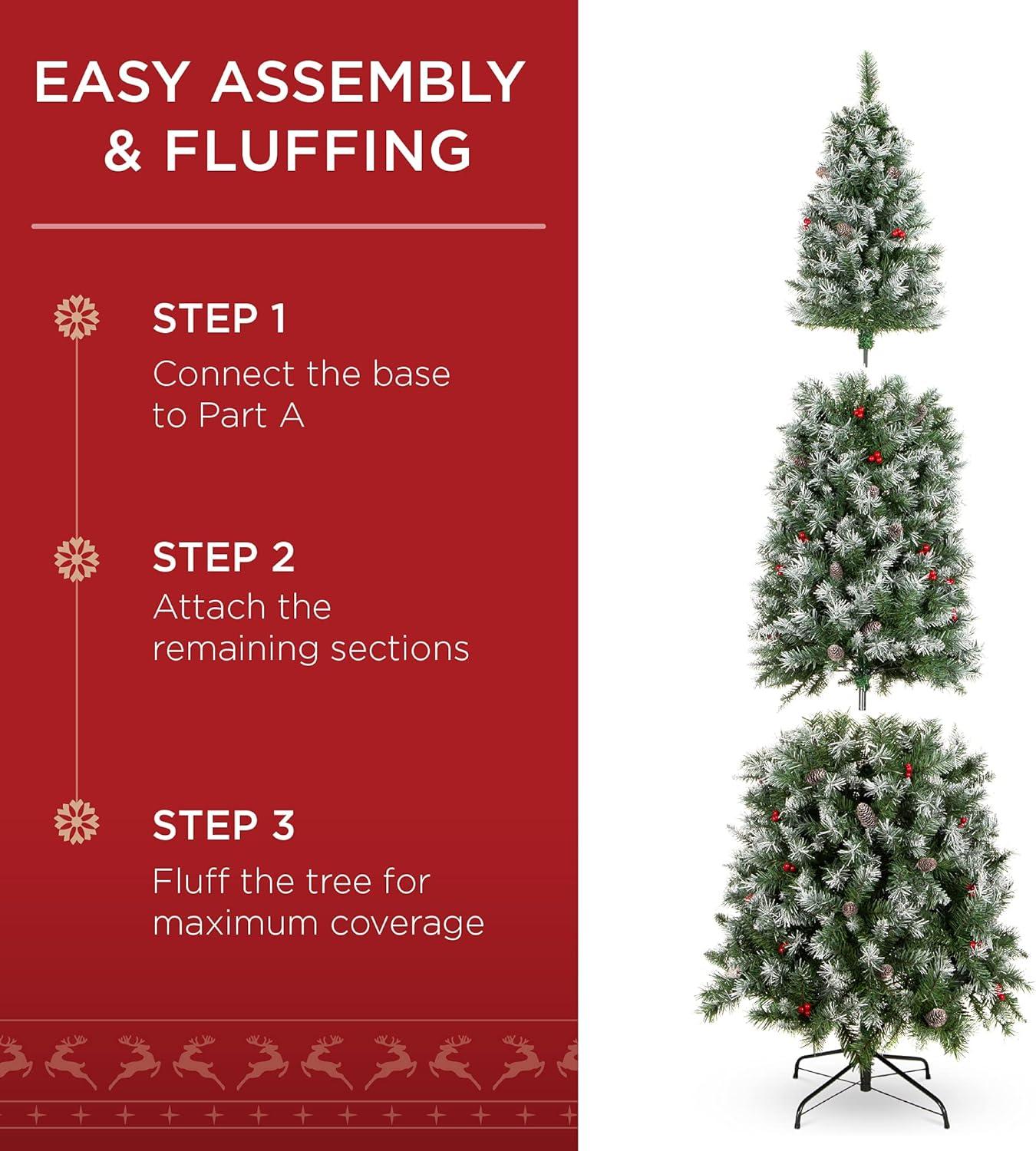 imageBest Choice Products 9ft PreLit Pencil Christmas Tree Partially Flocked PreDecorated for Home Skinny Frosted Holiday Tree w 1298 Tips 460 Lights Pine Cones Metal Hinges amp Base75ft