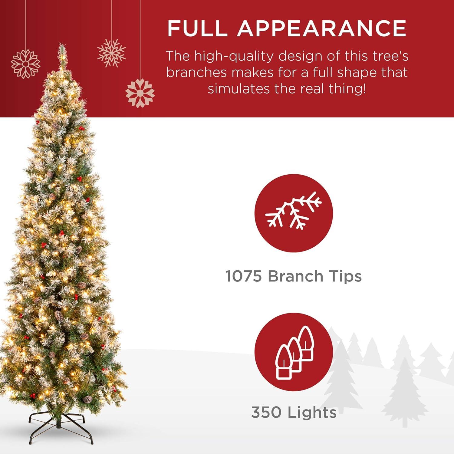imageBest Choice Products 9ft PreLit Pencil Christmas Tree Partially Flocked PreDecorated for Home Skinny Frosted Holiday Tree w 1298 Tips 460 Lights Pine Cones Metal Hinges amp Base75ft
