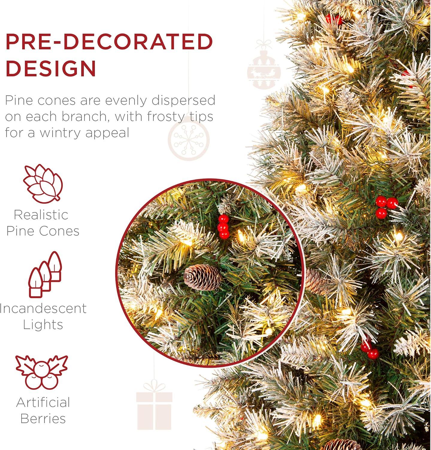 imageBest Choice Products 9ft PreLit Pencil Christmas Tree Partially Flocked PreDecorated for Home Skinny Frosted Holiday Tree w 1298 Tips 460 Lights Pine Cones Metal Hinges amp Base6ft