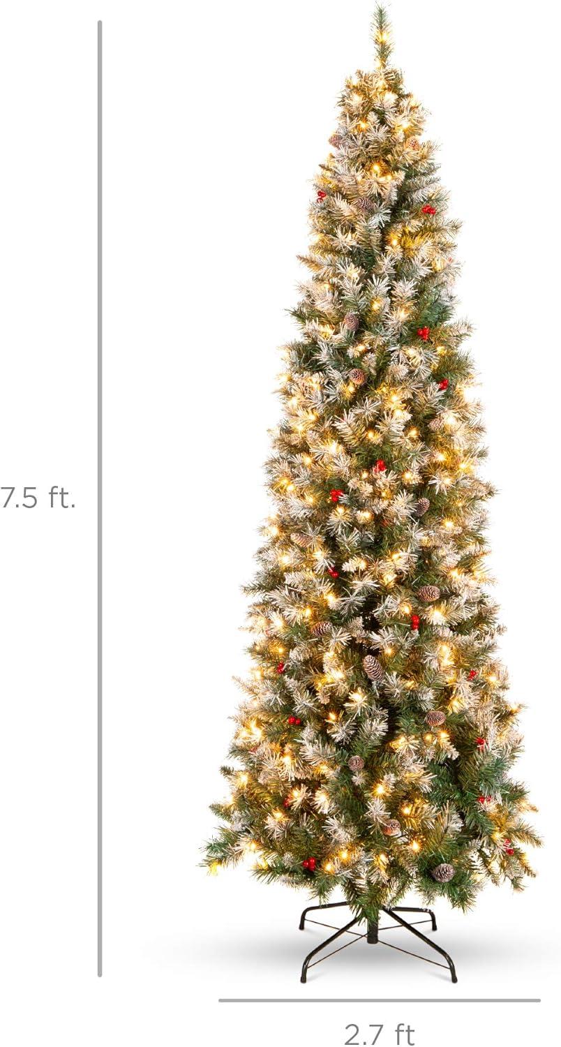 imageBest Choice Products 9ft PreLit Pencil Christmas Tree Partially Flocked PreDecorated for Home Skinny Frosted Holiday Tree w 1298 Tips 460 Lights Pine Cones Metal Hinges amp Base75ft