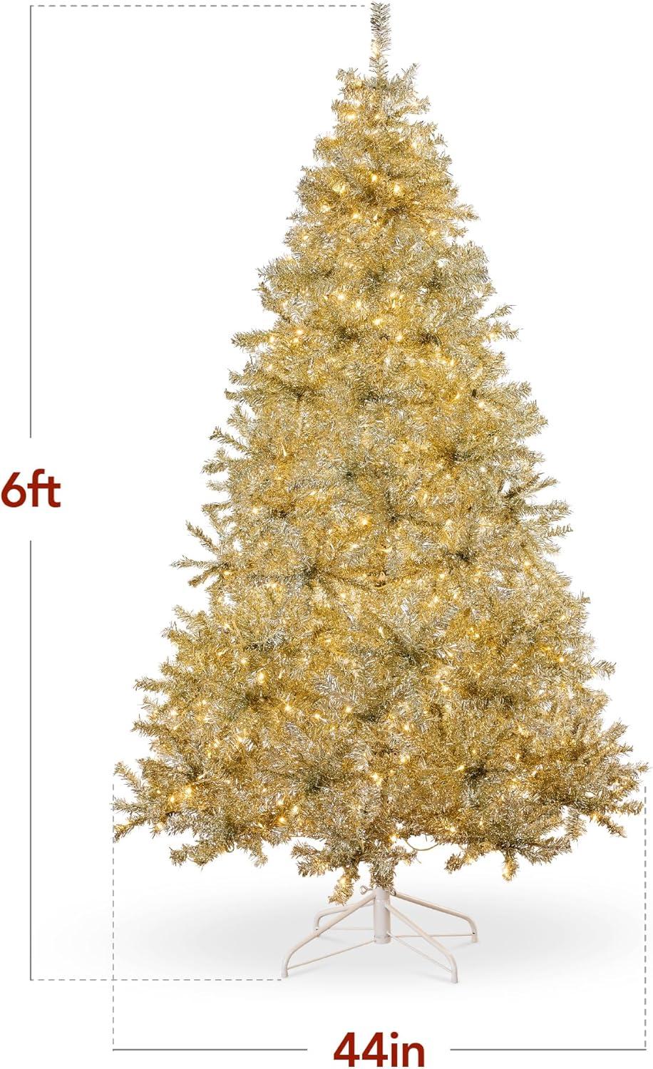 imageBest Choice Products 9ft Prelit Tinsel Christmas Tree Artificial Seasonal Holiday Decoration w 2097 Branch Tips Stand  PinkChampagne Gold