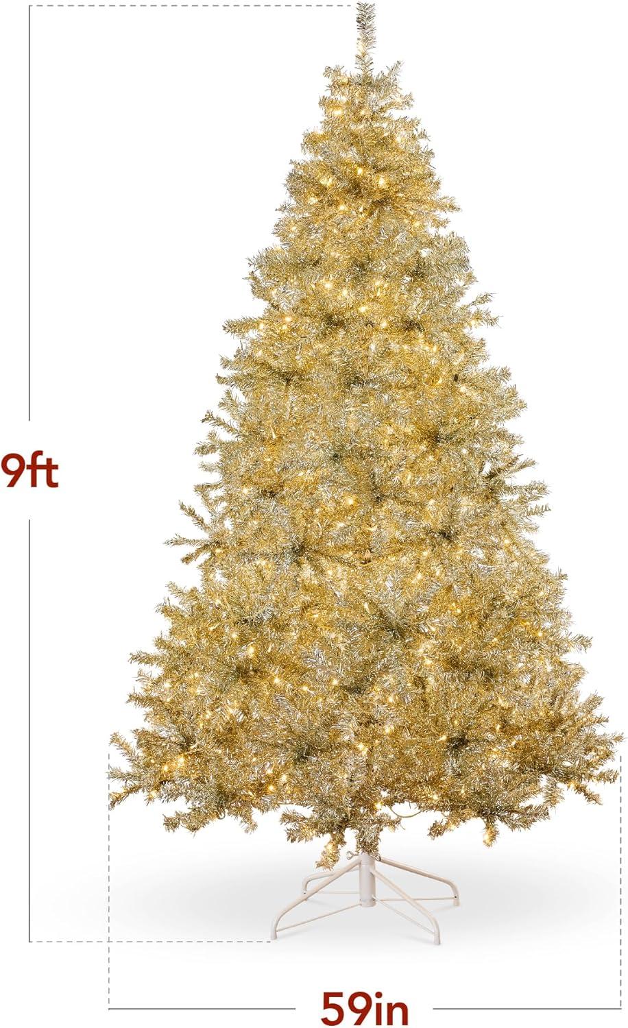 imageBest Choice Products 9ft Prelit Tinsel Christmas Tree Artificial Seasonal Holiday Decoration w 2097 Branch Tips Stand  PinkChampagne Gold