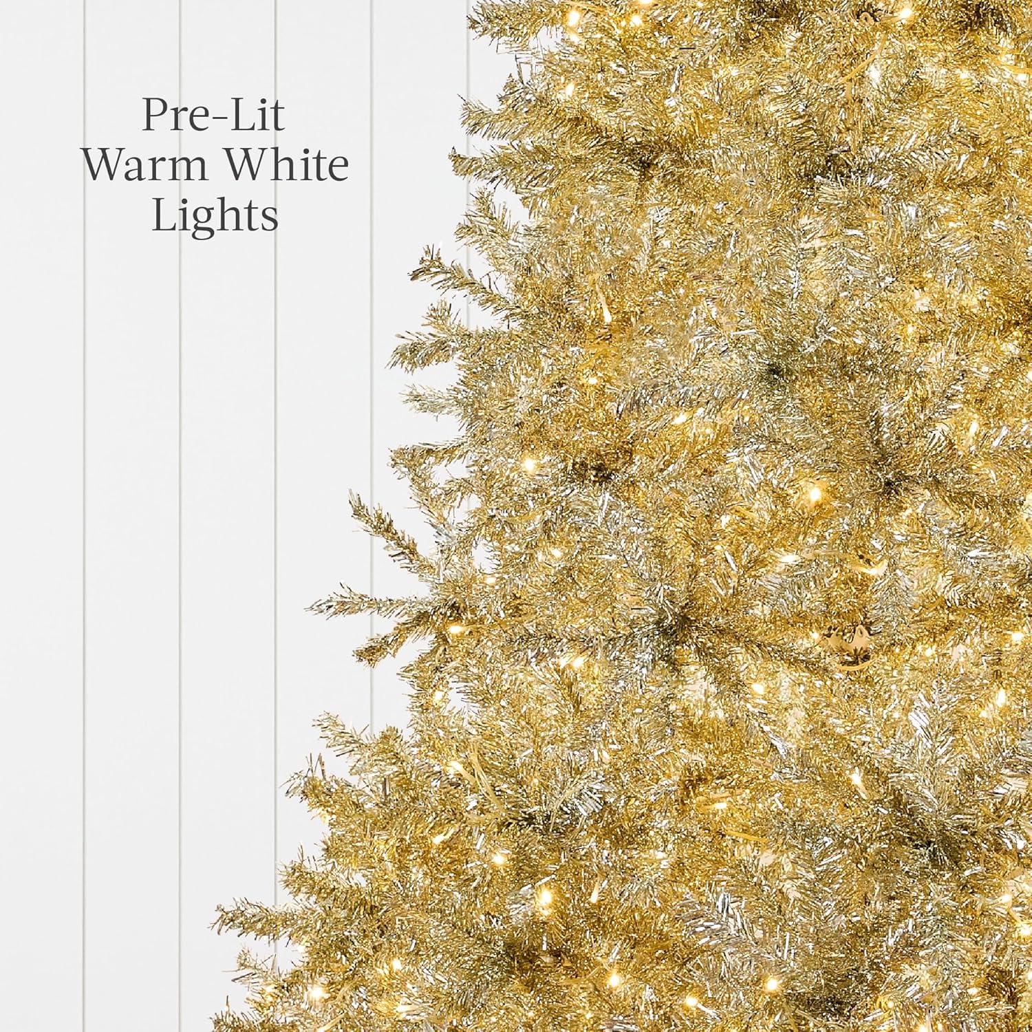 imageBest Choice Products 9ft Prelit Tinsel Christmas Tree Artificial Seasonal Holiday Decoration w 2097 Branch Tips Stand  PinkChampagne Gold