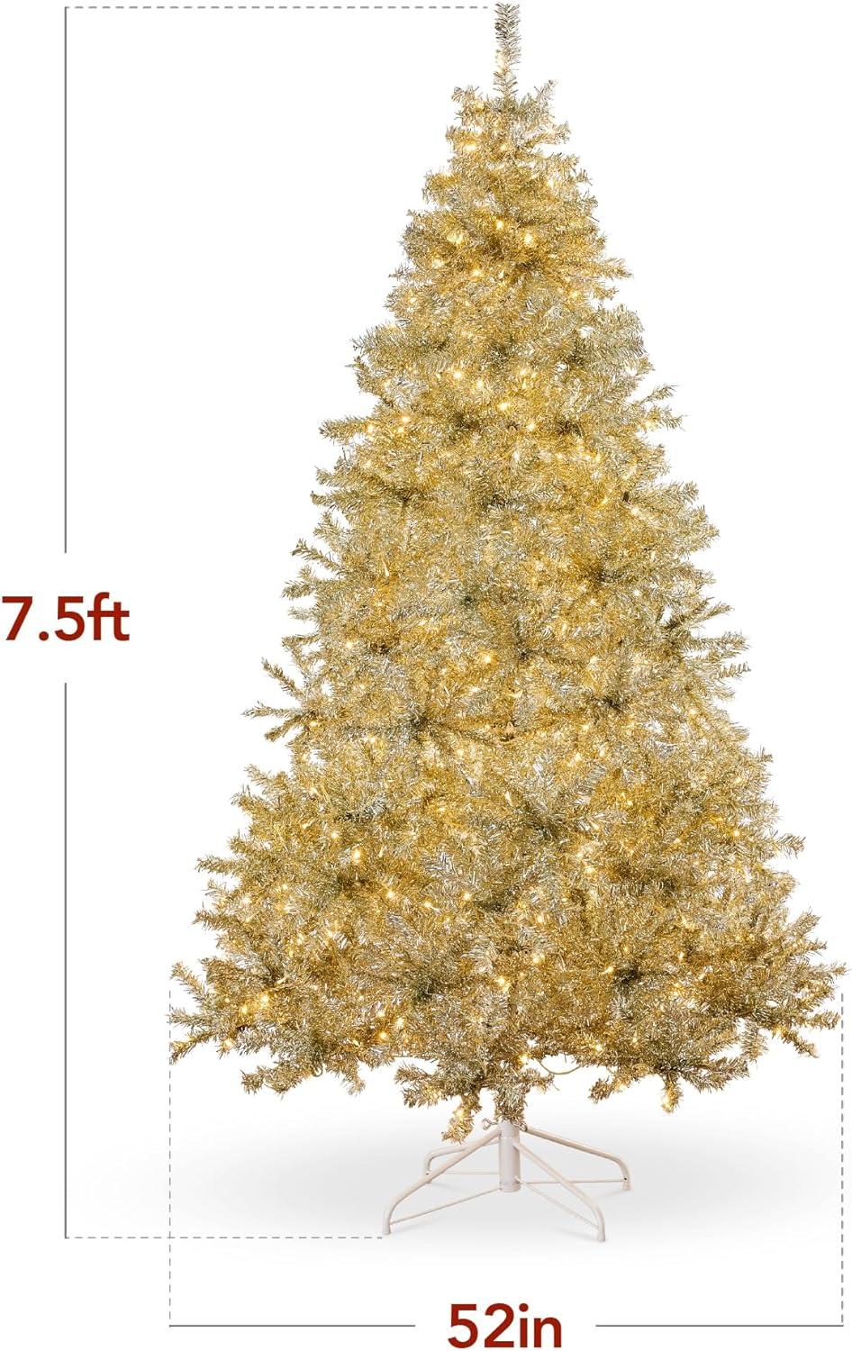 imageBest Choice Products 9ft Prelit Tinsel Christmas Tree Artificial Seasonal Holiday Decoration w 2097 Branch Tips Stand  PinkChampagne Gold
