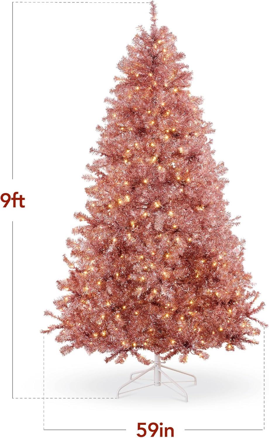 imageBest Choice Products 9ft Prelit Tinsel Christmas Tree Artificial Seasonal Holiday Decoration w 2097 Branch Tips Stand  PinkPink