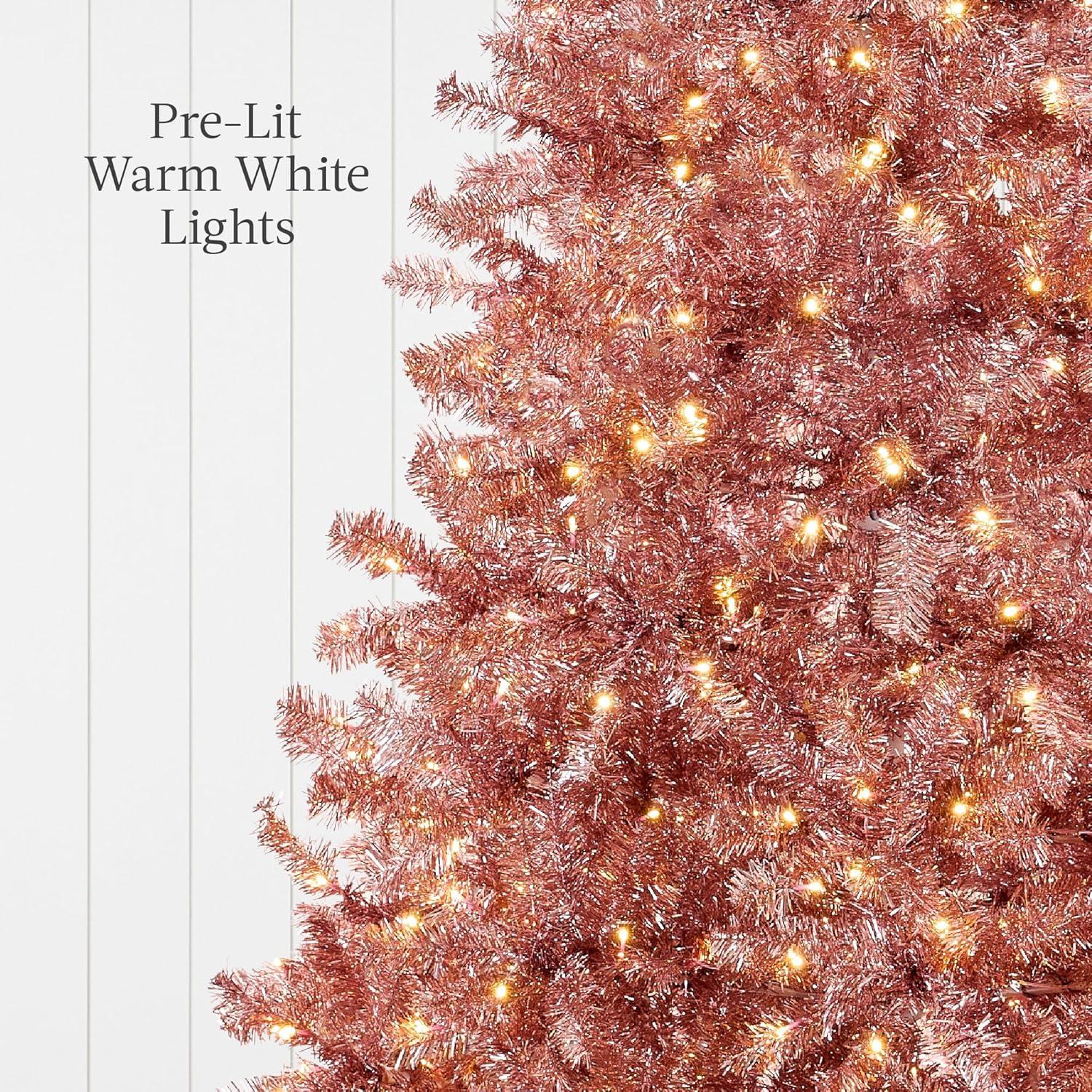 imageBest Choice Products 9ft Prelit Tinsel Christmas Tree Artificial Seasonal Holiday Decoration w 2097 Branch Tips Stand  PinkPink