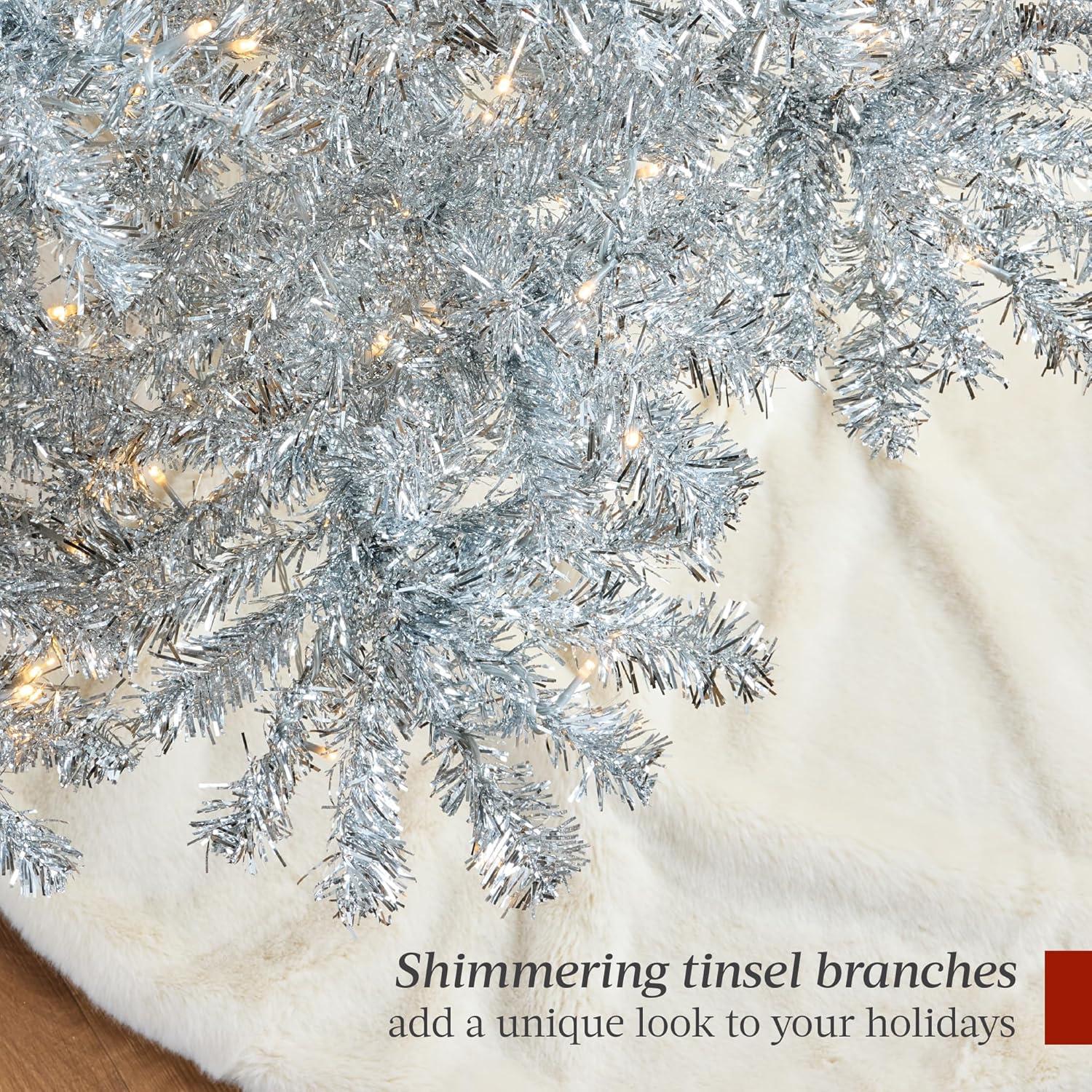 imageBest Choice Products 9ft Prelit Tinsel Christmas Tree Artificial Seasonal Holiday Decoration w 2097 Branch Tips Stand  PinkSilver