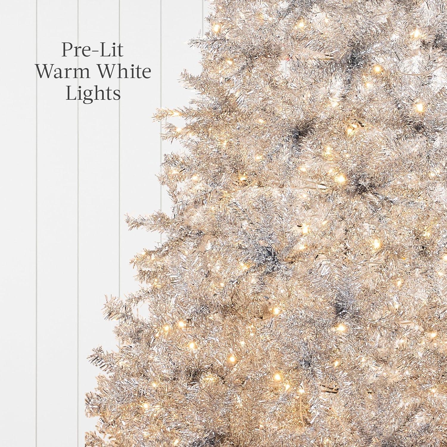 imageBest Choice Products 9ft Prelit Tinsel Christmas Tree Artificial Seasonal Holiday Decoration w 2097 Branch Tips Stand  PinkSilver