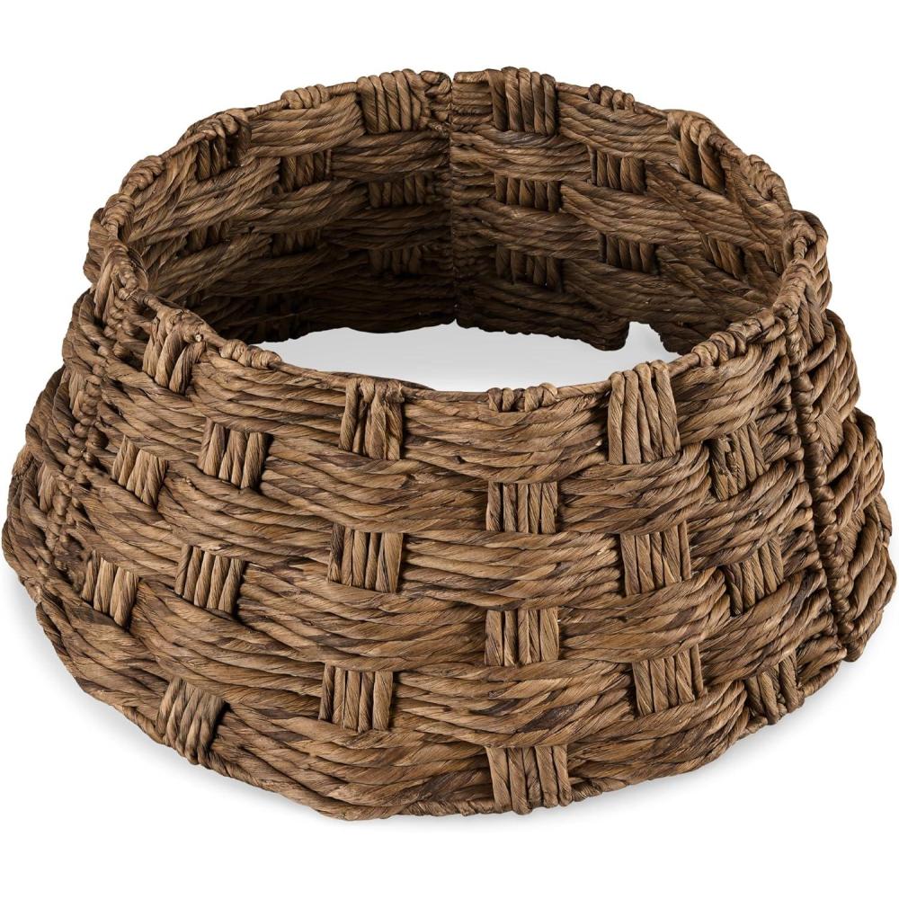 imageBest Choice Products 24in Christmas Tree Collar Woven Hyacinth 3Piece Holiday Rattan Tree Skirt Accessory for Home wCord CutOut  Transparent WhiteChestnut  Basket Weave