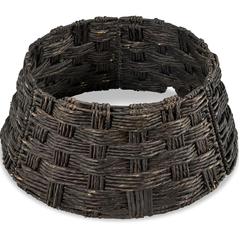 imageBest Choice Products 24in Christmas Tree Collar Woven Hyacinth 3Piece Holiday Rattan Tree Skirt Accessory for Home wCord CutOut  Transparent WhiteEspresso  Basket Weave