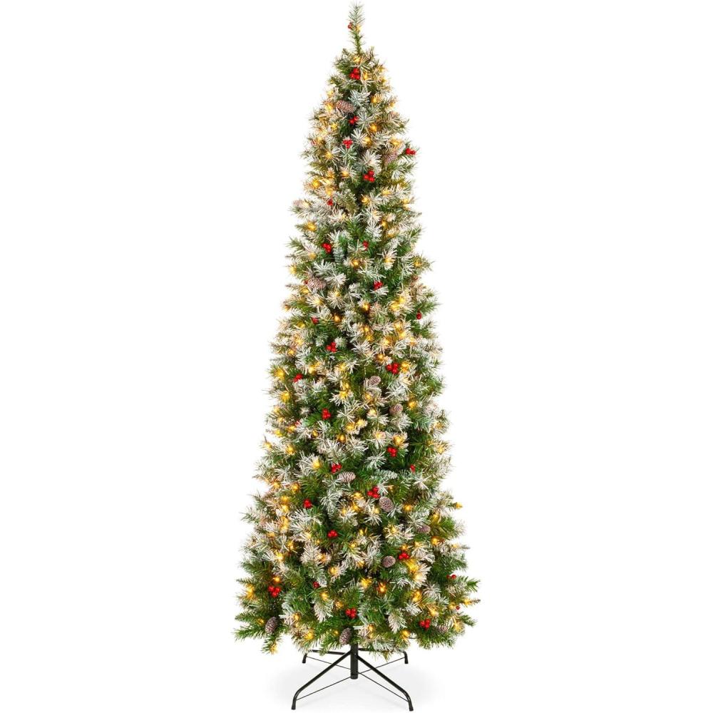 imageBest Choice Products 9ft PreLit Pencil Christmas Tree Partially Flocked PreDecorated for Home Skinny Frosted Holiday Tree w 1298 Tips 460 Lights Pine Cones Metal Hinges amp Base75ft