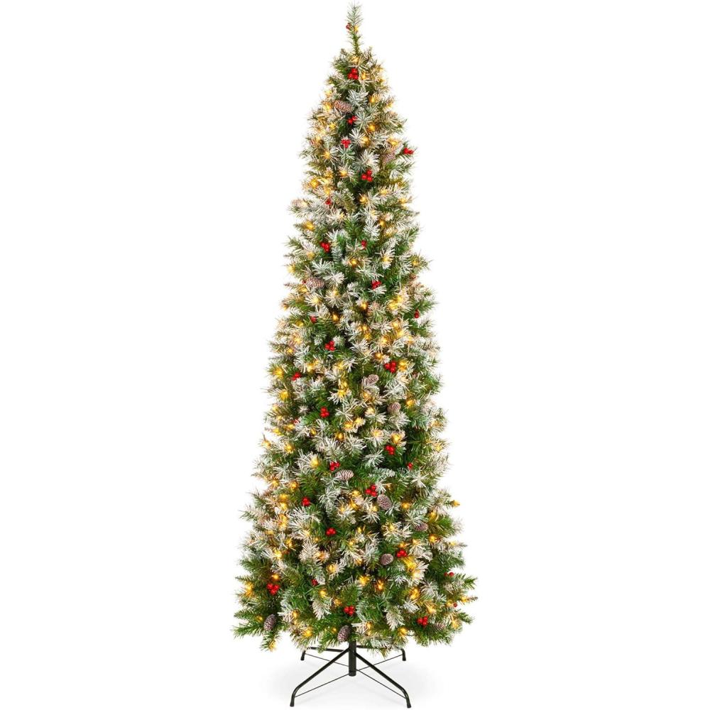 imageBest Choice Products 9ft PreLit Pencil Christmas Tree Partially Flocked PreDecorated for Home Skinny Frosted Holiday Tree w 1298 Tips 460 Lights Pine Cones Metal Hinges amp Base6ft