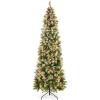 imageBest Choice Products 9ft PreLit Pencil Christmas Tree Partially Flocked PreDecorated for Home Skinny Frosted Holiday Tree w 1298 Tips 460 Lights Pine Cones Metal Hinges amp Base6ft