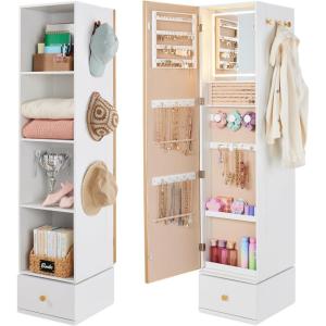 imageBest Choice Products 360 Rotating Storage Mirror wGold Metal Frame Swivel Jewelry Armoire wFullLength Mirror Storage Tower wCube Shelves BuiltIn Jewelry Organizer amp Hooks  Gold