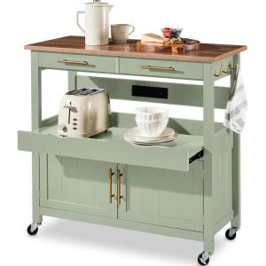 imageBest Choice Products 36in Large Rolling Kitchen Island Cart 2Door Cabinet 2 Drawers PullOut Shelf Power Outlet Hooks amp Swivel Lockable Wheels  Forest GreenPistachio Green