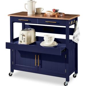 imageBest Choice Products 36in Large Rolling Kitchen Island Cart 2Door Cabinet 2 Drawers PullOut Shelf Power Outlet Hooks amp Swivel Lockable Wheels  Forest GreenMidnight Blue