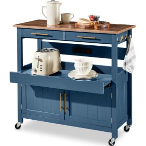 imageBest Choice Products 36in Large Rolling Kitchen Island Cart 2Door Cabinet 2 Drawers PullOut Shelf Power Outlet Hooks amp Swivel Lockable Wheels  Forest GreenSlate Blue