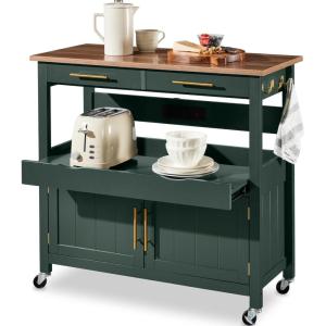 imageBest Choice Products 36in Large Rolling Kitchen Island Cart 2Door Cabinet 2 Drawers PullOut Shelf Power Outlet Hooks amp Swivel Lockable Wheels  Forest GreenForest Green