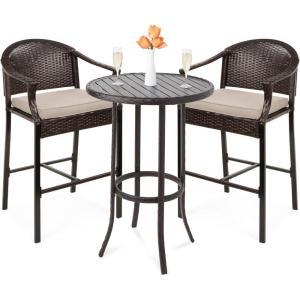 imageBest Choice Products 3Piece Patio Bar Table Set Outdoor Wicker Bar Height Bistro Furniture for Backyard Poolside Balcony wBarstools Cushions Steel Frame  BrownBeigeBrownBeige