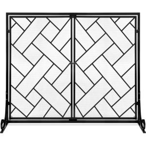 imageBest Choice Products 44x33in 2Panel Handcrafted Wrought Iron Decorative Mesh Geometric Fireplace Screen Fire Spark Guard wMagnetic Doors  BlackBlack