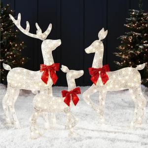 imageBest Choice Products 4ft 3Piece 2D Lighted Christmas Deer Family Set Large Outdoor Yard Reindeer Holiday Decoration with 175 LED Lights Stakes Zip Ties  GoldWhite