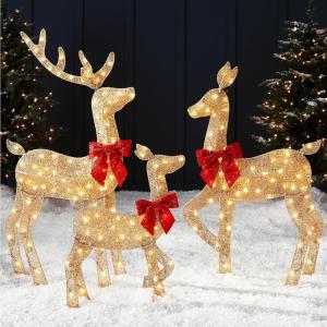imageBest Choice Products 4ft 3Piece 2D Lighted Christmas Deer Family Set Large Outdoor Yard Reindeer Holiday Decoration with 175 LED Lights Stakes Zip Ties  GoldGold