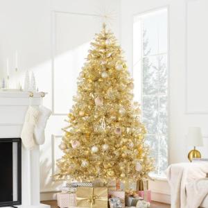 imageBest Choice Products 9ft Prelit Tinsel Christmas Tree Artificial Seasonal Holiday Decoration w 2097 Branch Tips Stand  PinkChampagne Gold