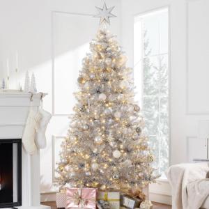 imageBest Choice Products 9ft Prelit Tinsel Christmas Tree Artificial Seasonal Holiday Decoration w 2097 Branch Tips Stand  PinkSilver