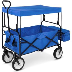 imageBest Choice Products Collapsible Folding Outdoor Utility Wagon with Canopy Garden Cart for Beach Picnic Camping Tailgates wRemovable Canopy Detachable Pockets 150lb Weight Capacity  BlueBlue