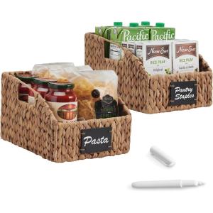 imageBest Choice Products Natural Hyacinth Angled Pantry Storage Baskets Woven Wicker Storage Bins wHandles Storage Container Baskets for Shelves Chalkboard Label amp Marker Pack of 2  NaturalChestnut