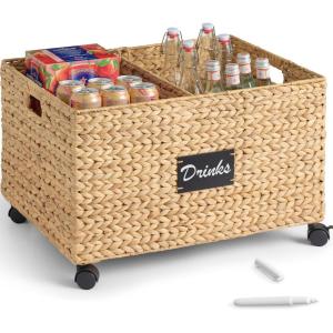imageBest Choice Products Rolling Pantry Storage Basket Organizer WChalkboard Label Open Handles Removable Divider Water Hyacinth Bin for Kitchen Bedroom Office Kids Room Laundry Room  ChestnutNatural