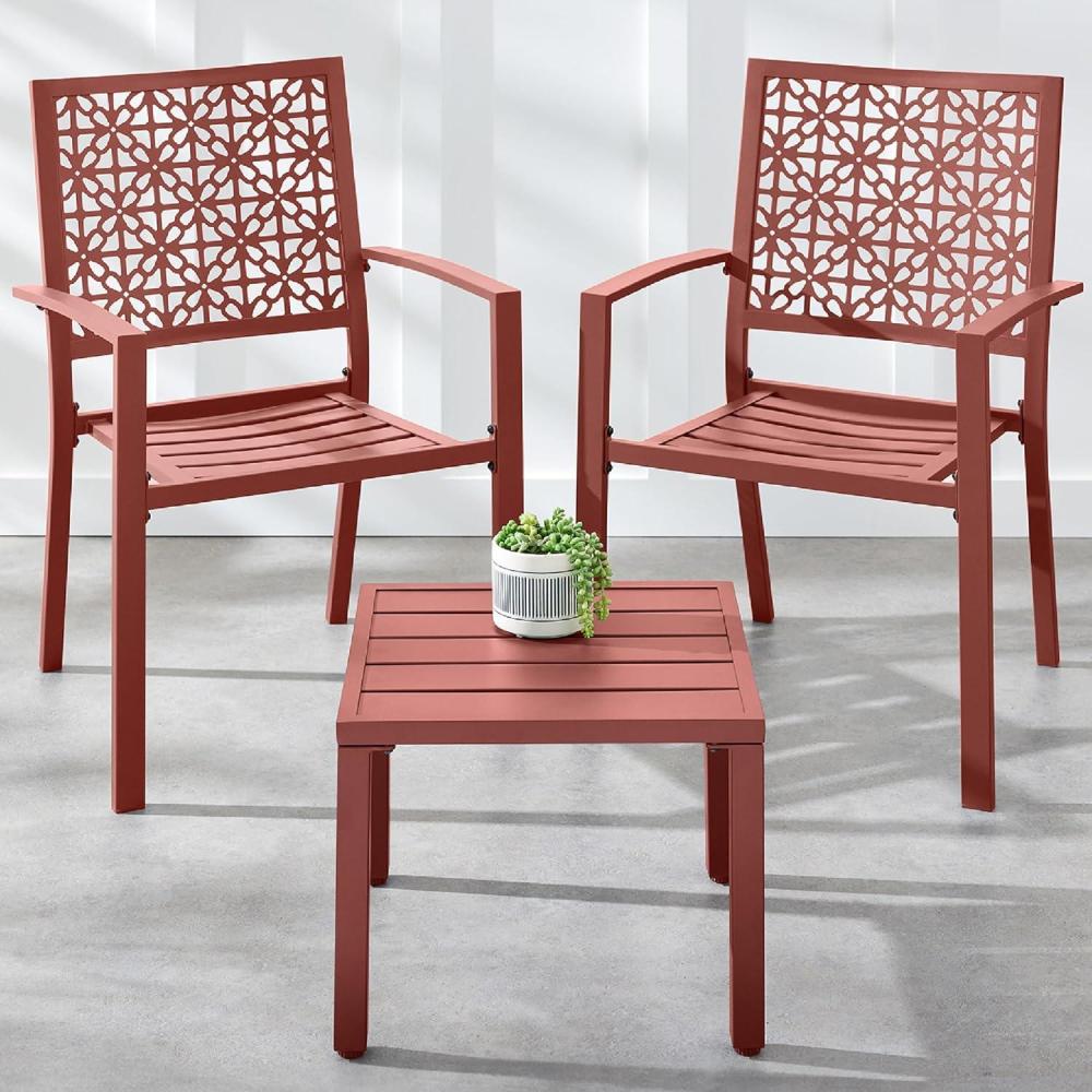 imageBest Choice Products 3Piece Outdoor Bistro Set Stackable Modern Steel Furniture for Porch Garden w 2 Chairs Table Geometric Decor  YellowTerracotta