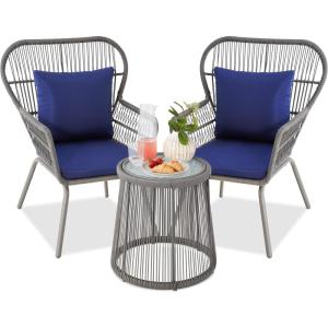 imageBest Choice Products 3Piece Patio Conversation Bistro Set Outdoor AllWeather Wicker Furniture for Porch Backyard w 2 Wide Ergonomic Chairs Cushions Glass Top Side Table  GrayNavyGrayNavy