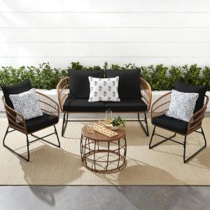 imageBest Choice Products 4Piece Outdoor Rope Wicker Patio Conversation Set Modern Contemporary Furniture for Backyard Balcony Porch wLoveseat Plush Cushions Coffee Table Steel Frame  BlackBlack