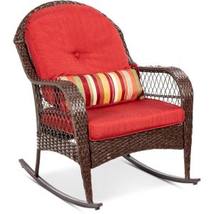imageBest Choice Products Outdoor Wicker Patio Rocking Chair for Porch Deck Poolside wSteel Frame WeatherResistant Cushions  Red