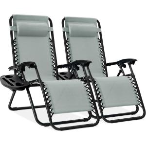 imageBest Choice Products Set of 2 Extra Wide Adjustable Steel Mesh Zero Gravity Lounge Chair Recliners wPillows and Cup Holder Trays  Peacock Blue StripesStardew